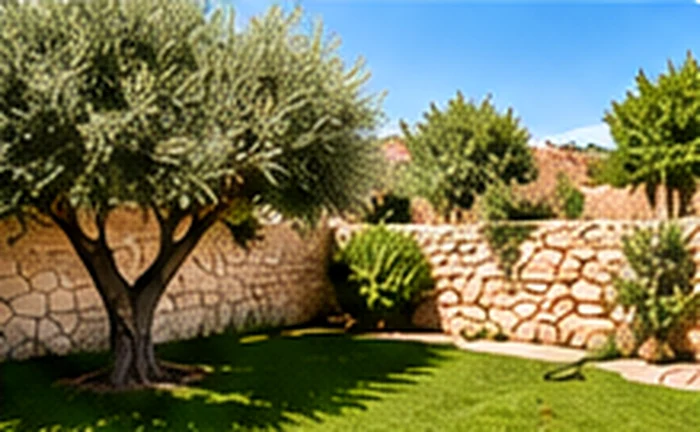 Gepflegter mediterraner Garten mit Olivenbaum – Symbolbild